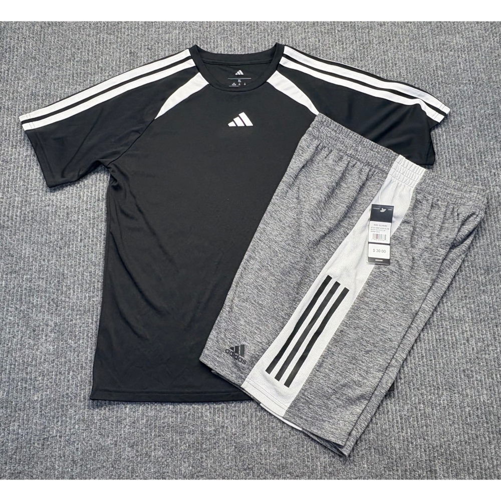 Adidas Boys XL 18/20 T-Shirt and Shorts Set Black Grey 2-Piece Activewear NWT